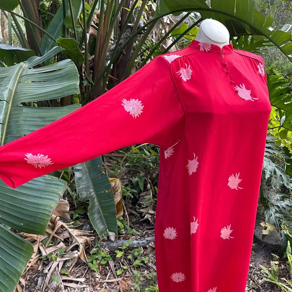 Vintage 70s Red Silk Asian Inspired Dress Floral Long Sleeve Rita Angelo M L - Picture 2 of 13